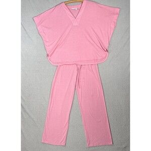 Natori M Pink Jersey Knit Pajama Set V Neck Kaftan Loungewear Coquette Cozy Soft